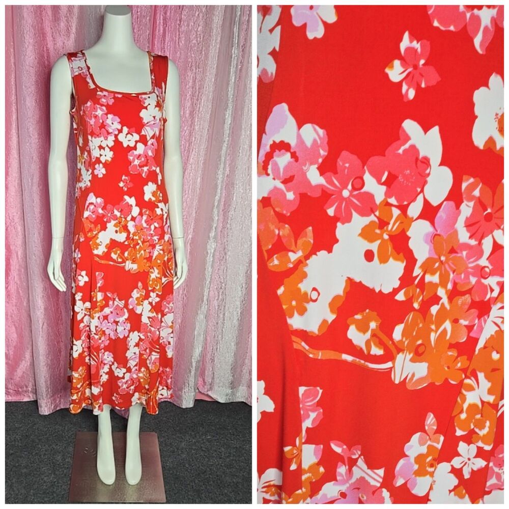 Susan Graver Coral Bloom Floral Liquid Knit Pleated Tank Dress Size Small
